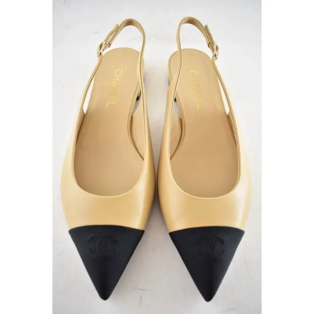 Chanel 24A Beige Leather Black CC Logo Coco Slingback Pointed Ballet Flat 38.5 - Picture 8 of 16